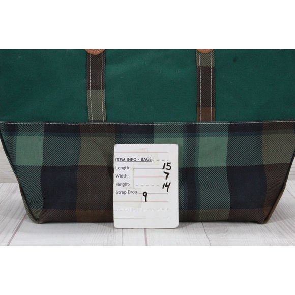 LL Bean Green Plaid Canvas Leather Handles Everyday Tote Bag - Picture 8 of 8